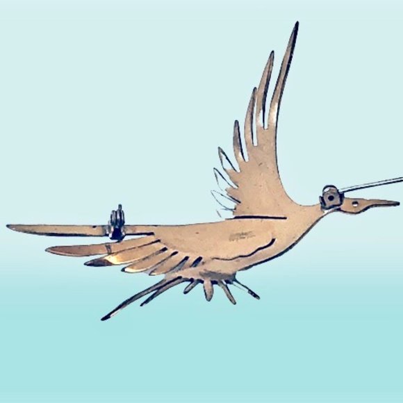 Sterling Silver Flying Goose Duck Brooch Pin HANDMADE Gold Wash - Picture 12 of 13